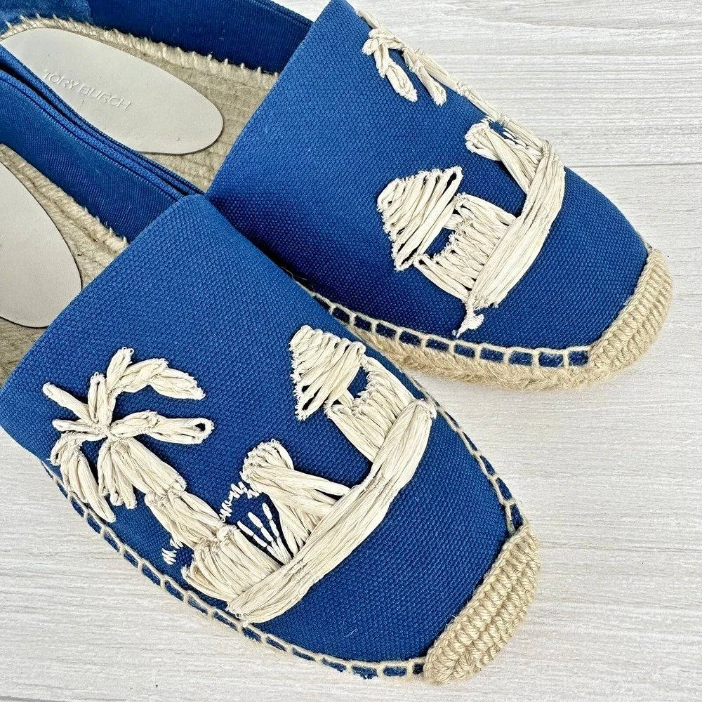 Tory Burch Flat Espadrille Size 8 Raffia‎ Embroidered Straw Blue Tropical Cruise